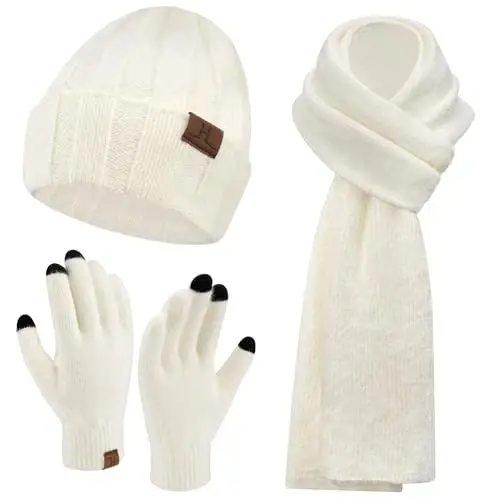 Womens Winter Warm Knit Beanie Hat Touchscreen Gloves Long Neck Scarf Set with Fleece Lined Skull Caps Gifts for Women - 1