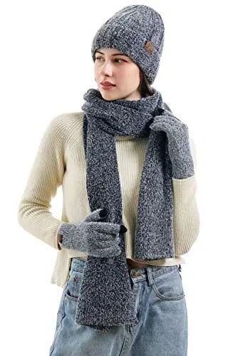 Womens Winter Warm Knit Beanie Hat Touchscreen Gloves Long Neck Scarf Set with Fleece Lined Skull Caps Gifts for Women - 5