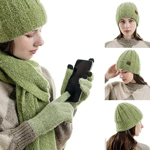 Womens Winter Warm Knit Beanie Hat Touchscreen Gloves Long Neck Scarf Set with Fleece Lined Skull Caps Gifts for Women - 6