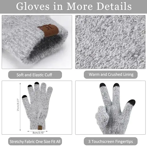 Womens Winter Warm Knit Beanie Hat Touchscreen Gloves Long Neck Scarf Set with Fleece Lined Skull Caps Gifts for Women - 2