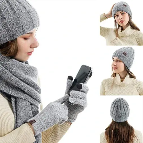 Womens Winter Warm Knit Beanie Hat Touchscreen Gloves Long Neck Scarf Set with Fleece Lined Skull Caps Gifts for Women - 6