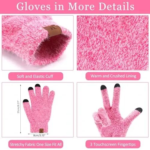 Womens Winter Warm Knit Beanie Hat Touchscreen Gloves Long Neck Scarf Set with Fleece Lined Skull Caps Gifts for Women - 2
