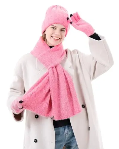 Womens Winter Warm Knit Beanie Hat Touchscreen Gloves Long Neck Scarf Set with Fleece Lined Skull Caps Gifts for Women - 5