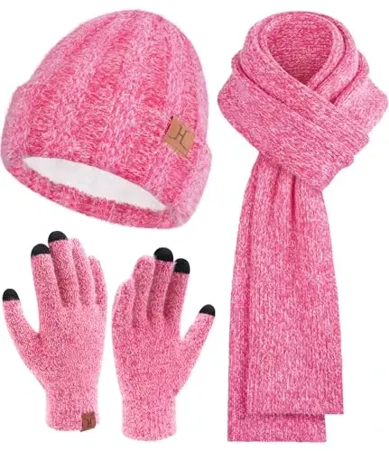 Womens Winter Warm Knit Beanie Hat Touchscreen Gloves Long Neck Scarf Set with Fleece Lined Skull Caps Gifts for Women - 6