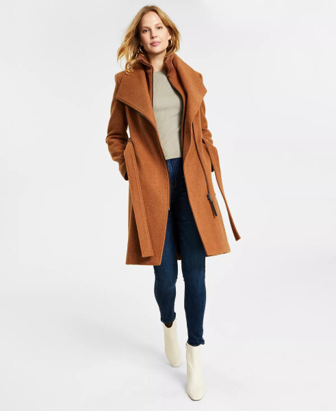 Womens Wool Blend Belted Wrap Coat, Created for Modazone-Dark Camel 