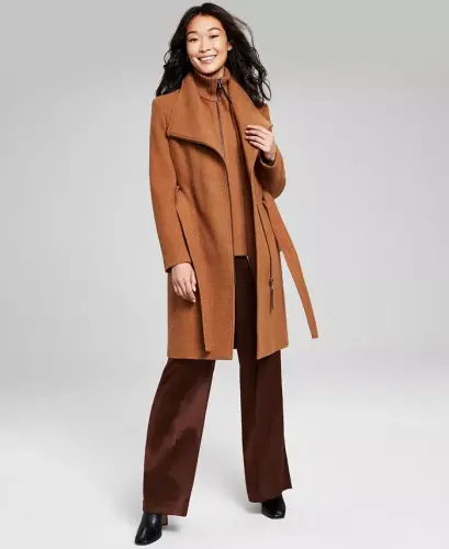 Womens Wool Blend Belted Wrap Coat, Created for Modazone-Dark Camel - 5