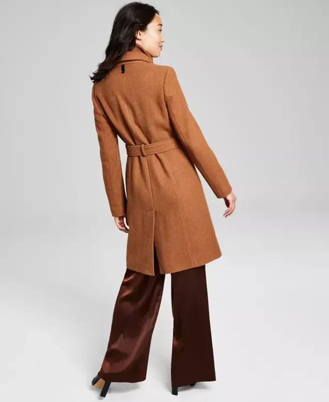 Womens Wool Blend Belted Wrap Coat, Created for Modazone-Dark Camel - 6