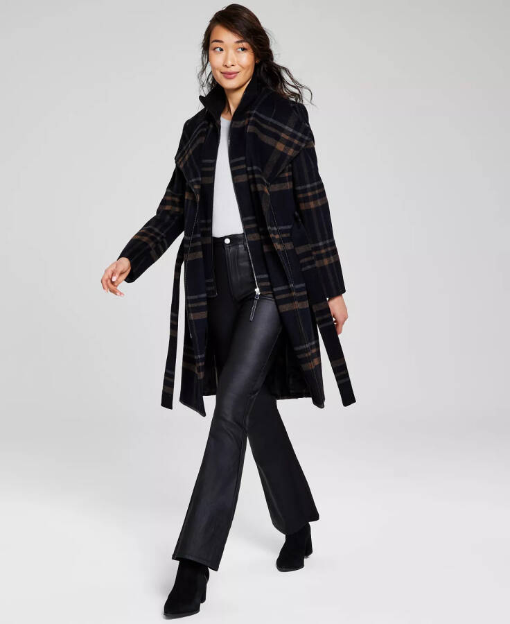 Women's Wool Blend Belted Wrap Coat, Created for Modazone Black Plaid - 1