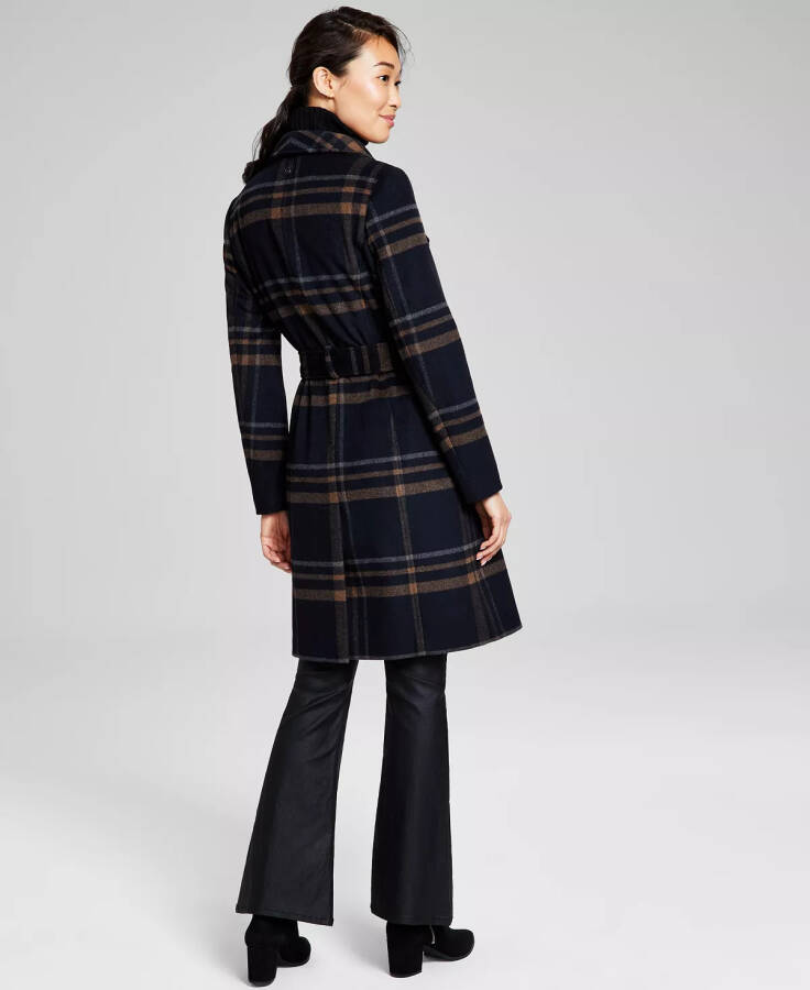 Women's Wool Blend Belted Wrap Coat, Created for Modazone Black Plaid - 2