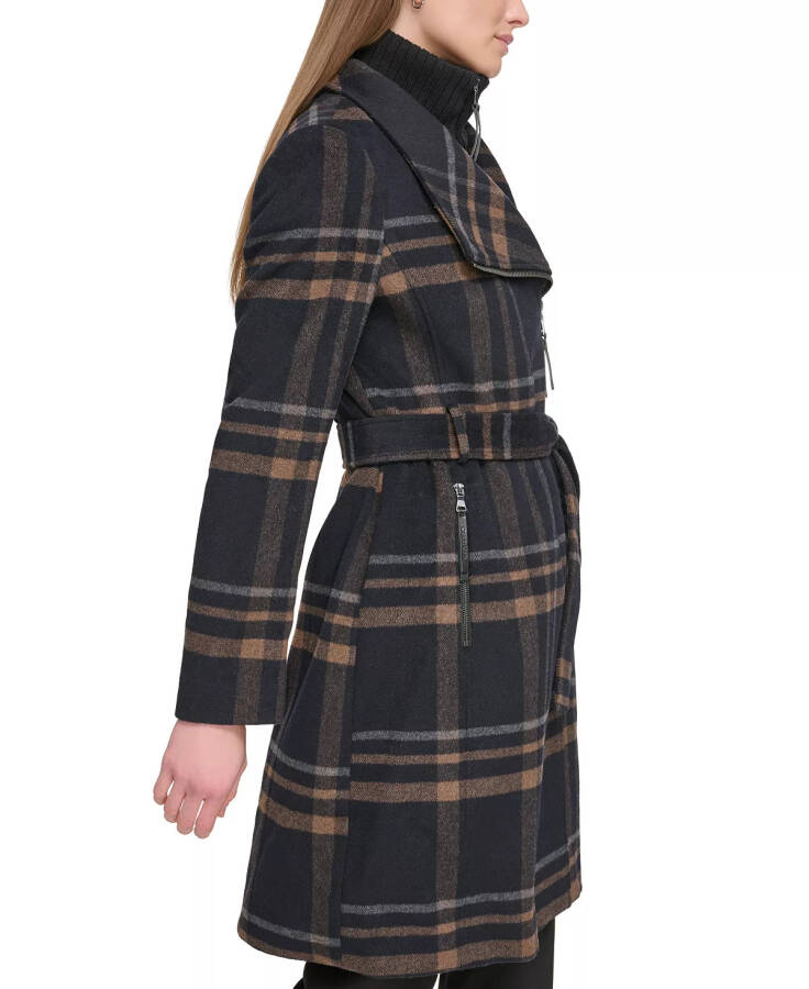 Women's Wool Blend Belted Wrap Coat, Created for Modazone Black Plaid - 3