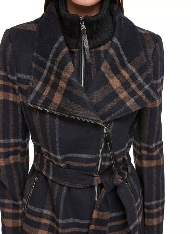 Women's Wool Blend Belted Wrap Coat, Created for Modazone Black Plaid - 4