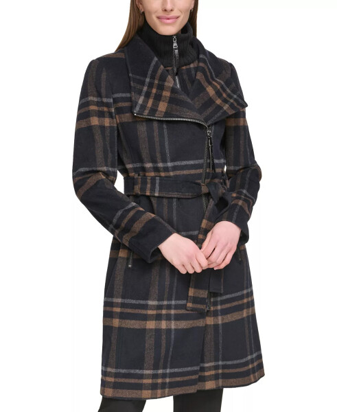 Women's Wool Blend Belted Wrap Coat, Created for Modazone Black Plaid - 5