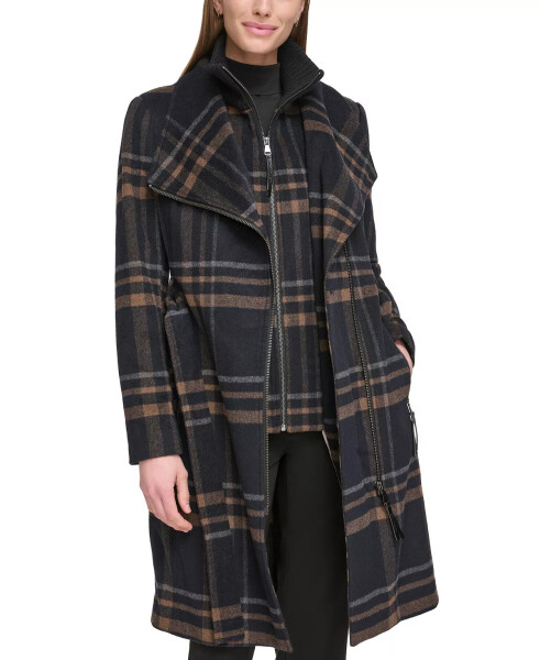 Women's Wool Blend Belted Wrap Coat, Created for Modazone Black Plaid - 6