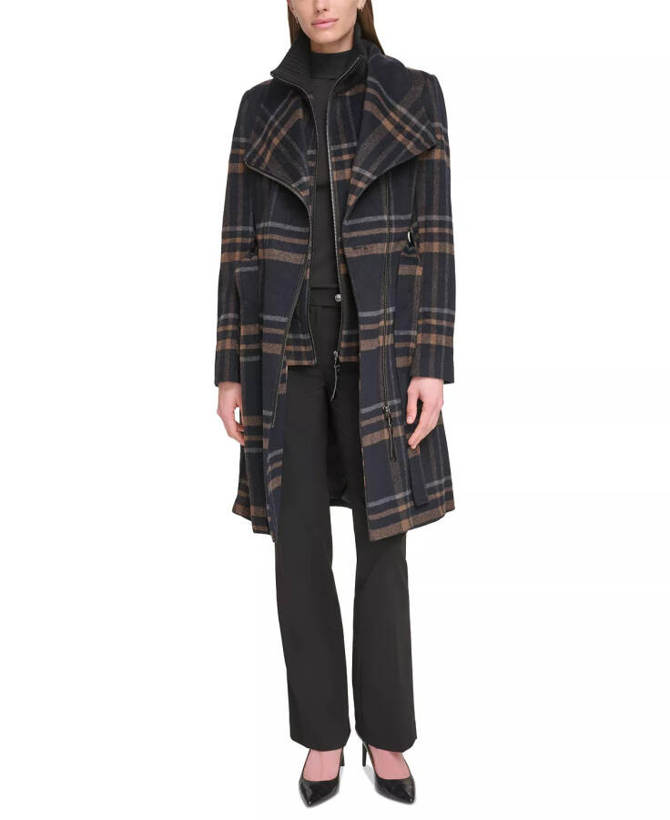 Women's Wool Blend Belted Wrap Coat, Created for Modazone Black Plaid - 7