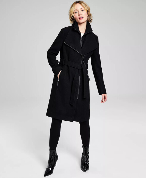 Womens Wool Blend Belted Wrap Coat, Created for Modazone Black Twill - 1