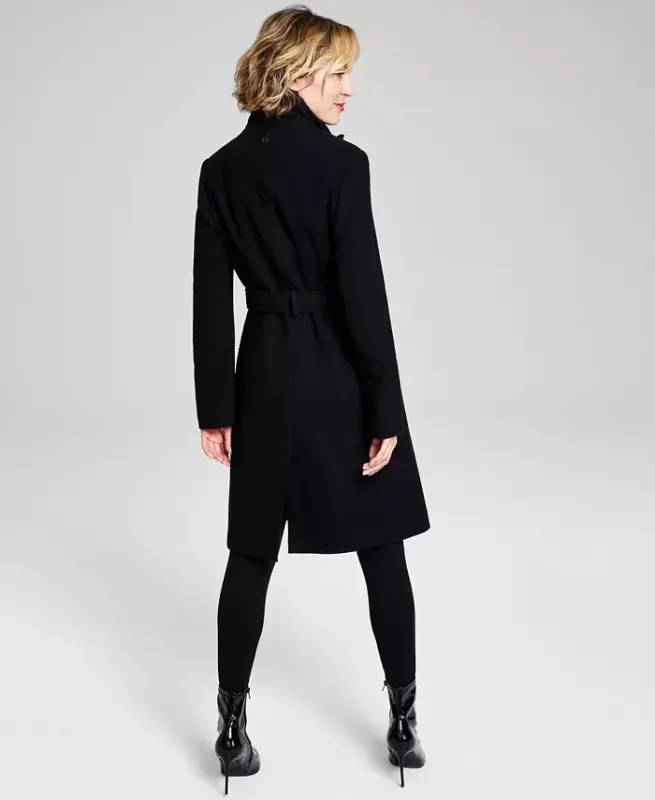 Womens Wool Blend Belted Wrap Coat, Created for Modazone - Black Twill - 2