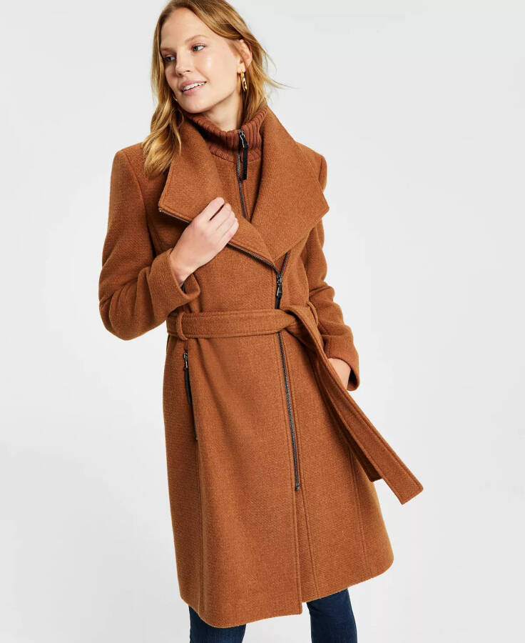 Womens Wool Blend Belted Wrap Coat, Created for Modazone Dark Camel - 3