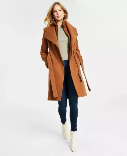 Womens Wool Blend Belted Wrap Coat, Created for Modazone-Dark Camel - 1
