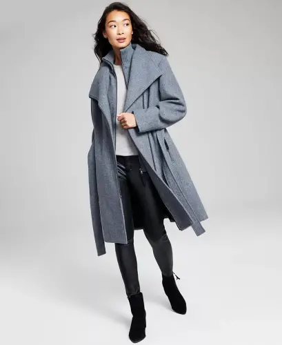 Womens Wool Blend Belted Wrap Coat, Created for Modazone - Medium Grey - 3