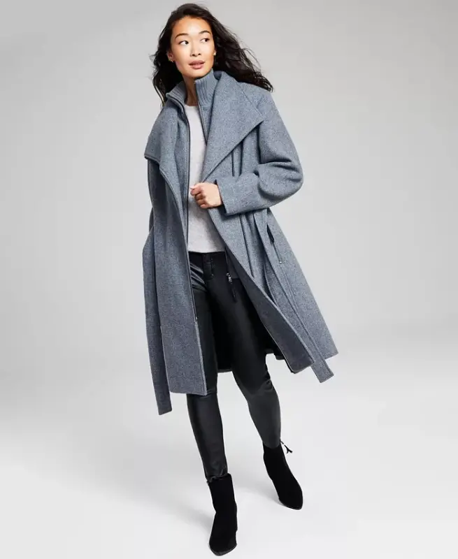 Womens Wool Blend Belted Wrap Coat, Created for Modazone - Medium Grey - 3