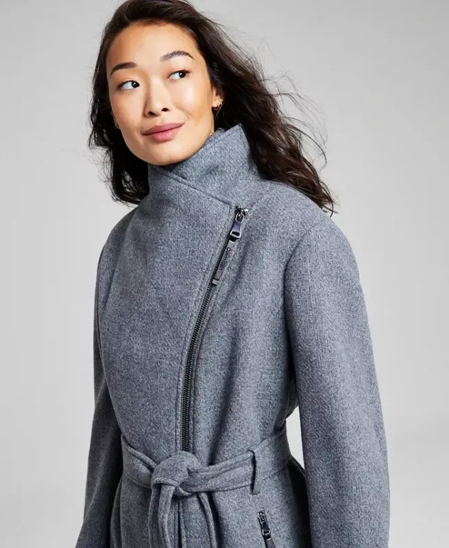 Womens Wool Blend Belted Wrap Coat, Created for Modazone - Medium Grey - 4