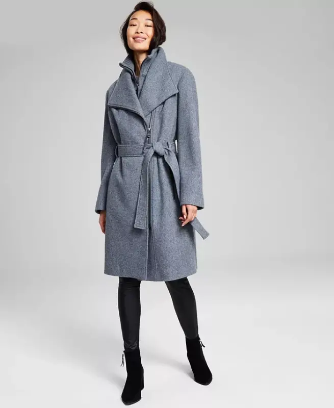Womens Wool Blend Belted Wrap Coat, Created for Modazone - Medium Grey - CALVIN KLEIN