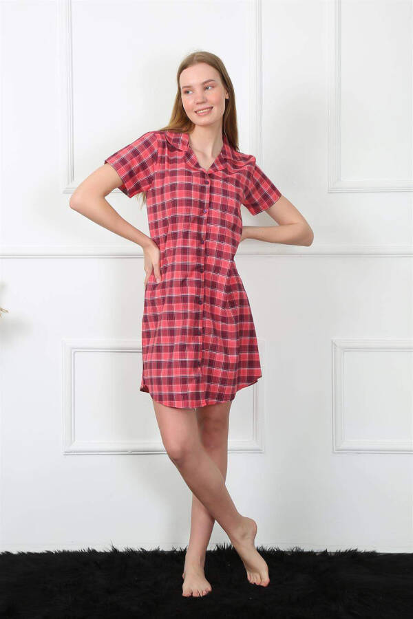 Women's Woven Fabric Button-Front Red Tunic Nightgown 1030 - 1