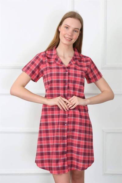 Women's Woven Fabric Button-Front Red Tunic Nightgown 1030 - 7