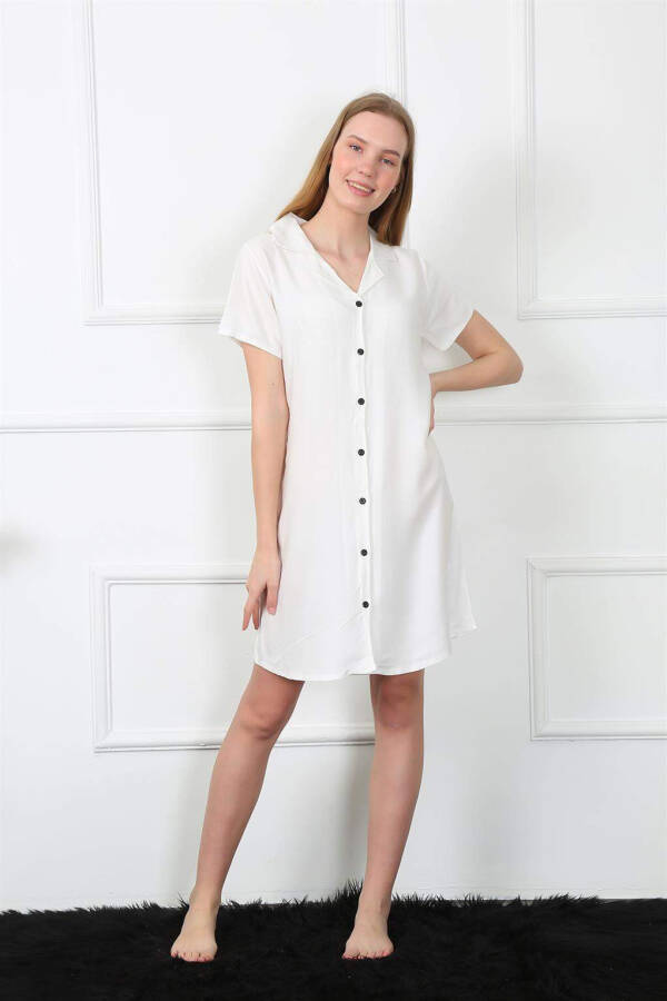 Women's Woven Fabric Front Button White Tunic Nightgown 1031 - 2