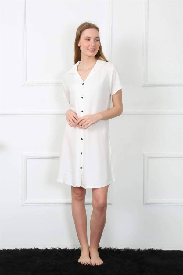 Women's Woven Fabric Front Button White Tunic Nightgown 1031 - 3