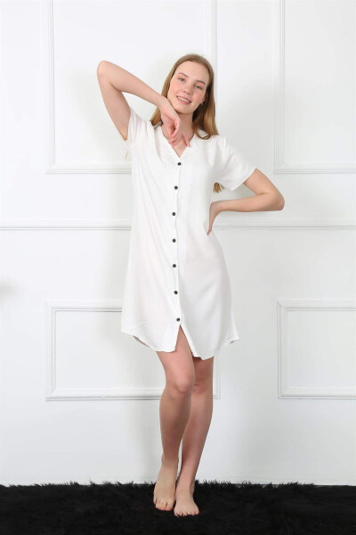 Women's Woven Fabric Front Button White Tunic Nightgown 1031 - 4