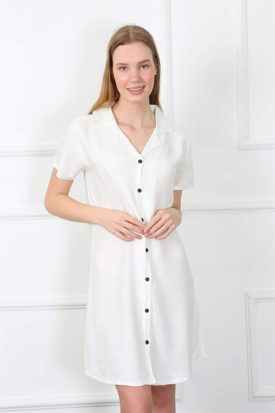 Women's Woven Fabric Front Button White Tunic Nightgown 1031 - 5