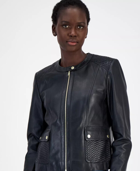 Women's Woven-Shoulder Zip-Front Leather Coat Black - 4