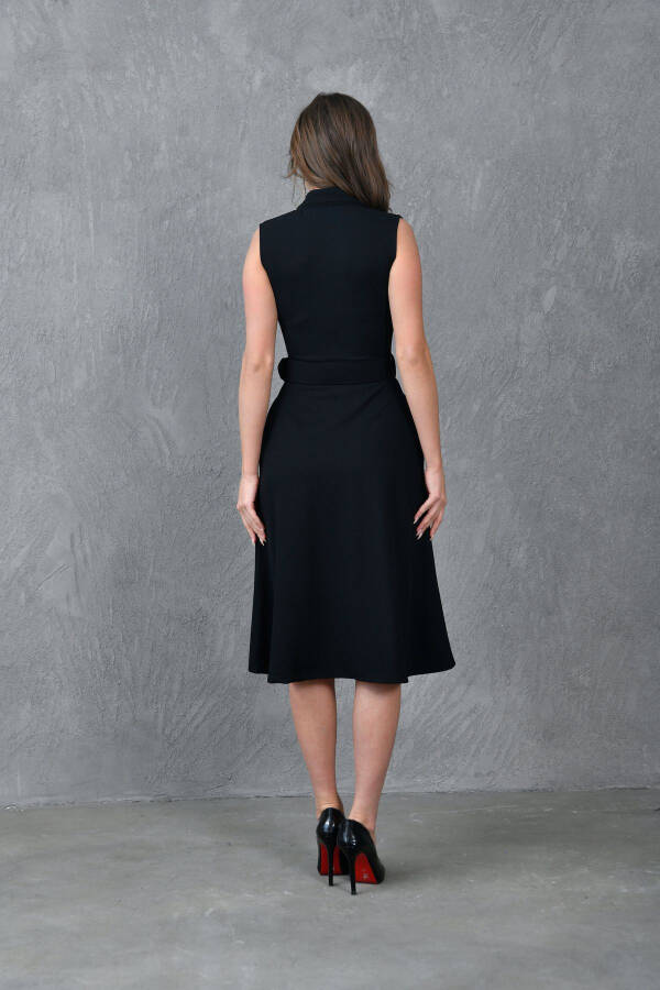 Women's Wrap Jacket Collar Belt Detailed Flared Midi Black Evening Dress 012 - 3