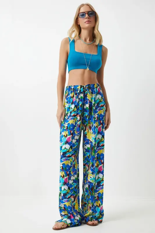 Women's Yellow Blue Patterned Flowy Viscose Palazzo Pants EN00606-Yellow Blue - HAPPINESS İSTANBUL