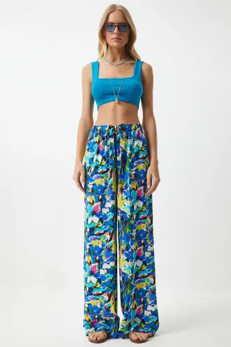 Women's Yellow Blue Patterned Flowy Viscose Palazzo Pants EN00606-Yellow Blue - 4