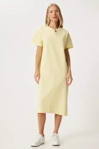 Women's Yellow Cotton Summer Casual Jersey Dress UB00080-Yellow - 1