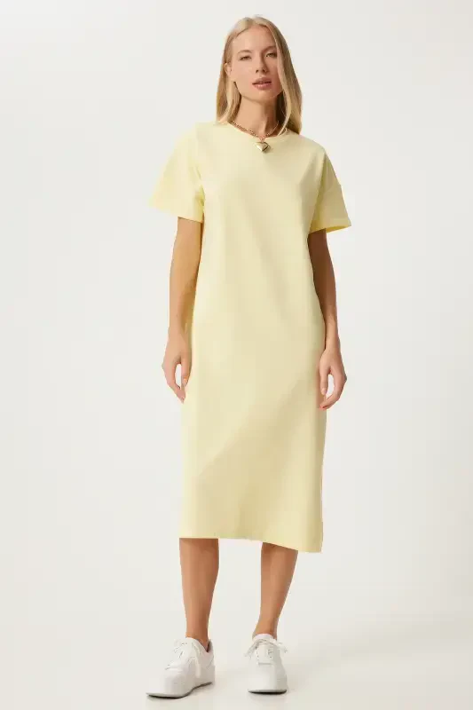 Women's Yellow Cotton Summer Casual Jersey Dress UB00080-Yellow - HAPPINESS İSTANBUL