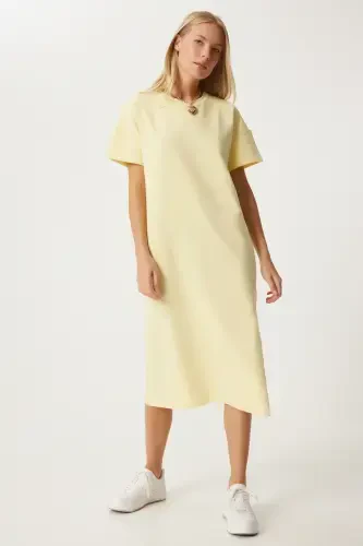 Women's Yellow Cotton Summer Casual Jersey Dress UB00080-Yellow - 2