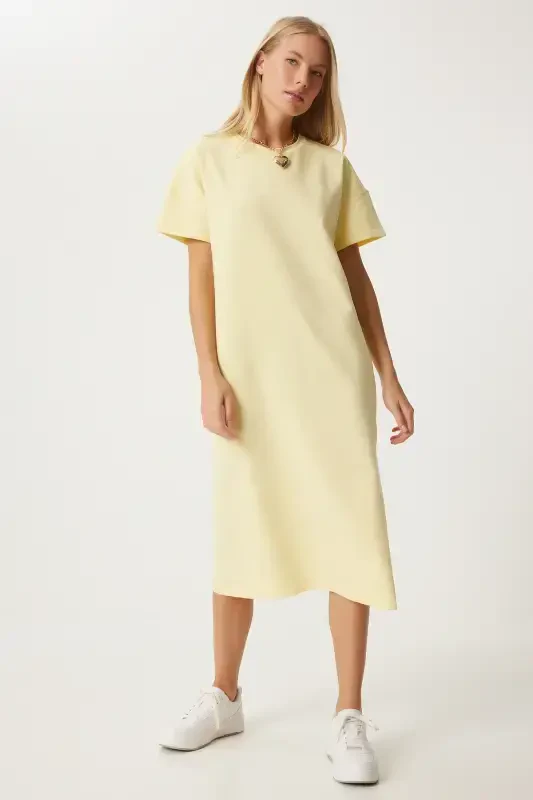 Women's Yellow Cotton Summer Casual Jersey Dress UB00080-Yellow - 2