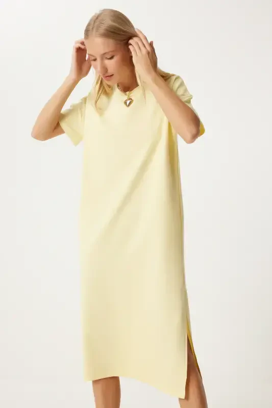 Women's Yellow Cotton Summer Casual Jersey Dress UB00080-Yellow - 3