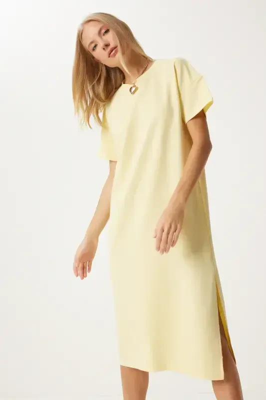 Women's Yellow Cotton Summer Casual Jersey Dress UB00080-Yellow - 4