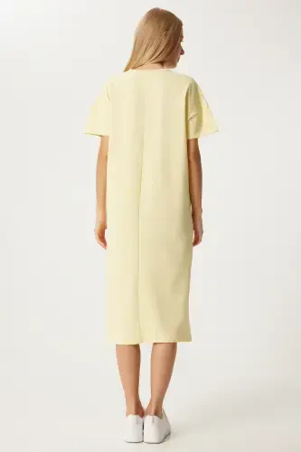 Women's Yellow Cotton Summer Casual Jersey Dress UB00080-Yellow - 6