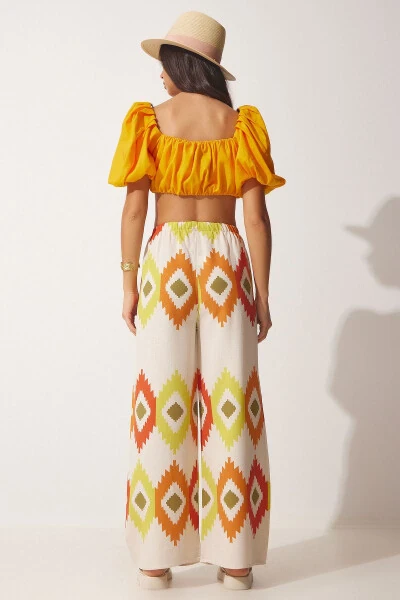 Women's Yellow Cream Floral Linen Palazzo Pants BH00385 - 5