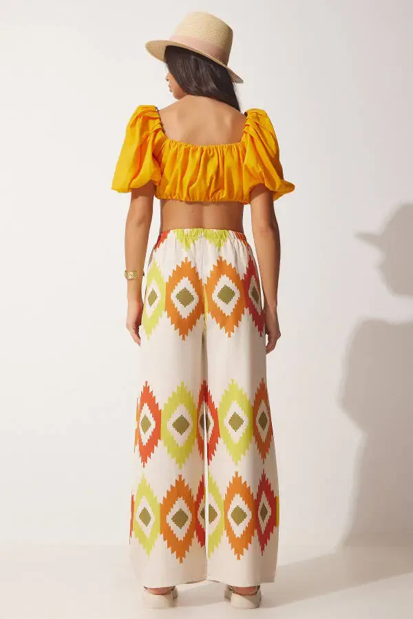 Women's Yellow Cream Floral Linen Palazzo Pants BH00385 - 5