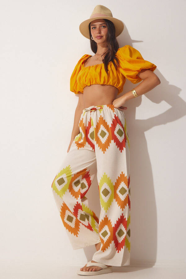 Women's Yellow Cream Floral Linen Palazzo Pants BH00385 - 1