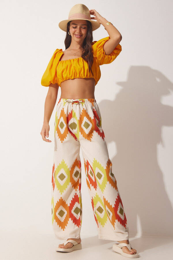 Women's Yellow Cream Floral Linen Palazzo Pants BH00385 - 2