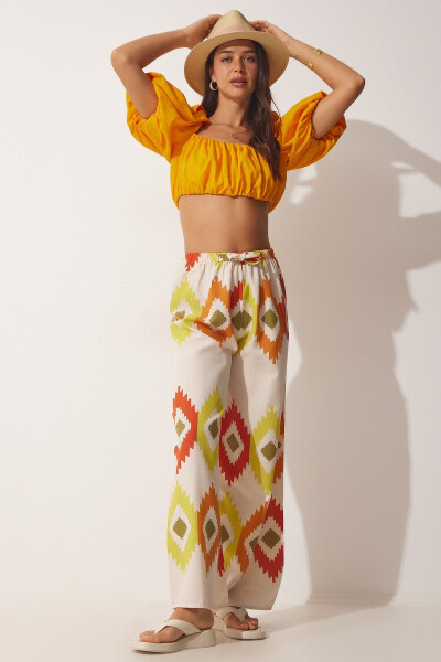 Women's Yellow Cream Floral Linen Palazzo Pants BH00385 - 3