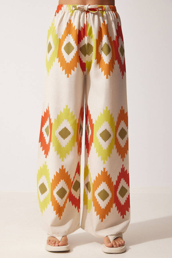 Women's Yellow Cream Floral Linen Palazzo Pants BH00385 - 4