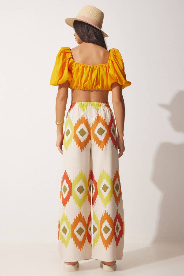 Women's Yellow Cream Floral Linen Palazzo Pants BH00385 - 5